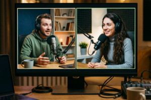 Conversational Video Marketing | Main Street Marketing Two podcasters appear on a split screen each at a mic with headphones recording a podcast